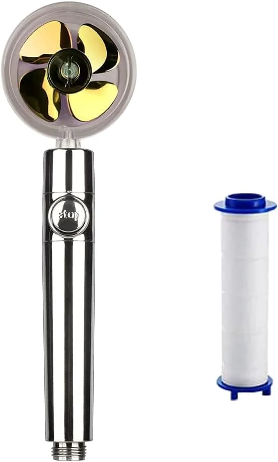 سردوش دستی پرفشار HUOWUSS با پروانه، سردوش چرخان 360 درجه صرفه جویی در آب با فیلتر و دکمه توقف، کیت توربوشارژ برای سردوش حمام (طلایی)