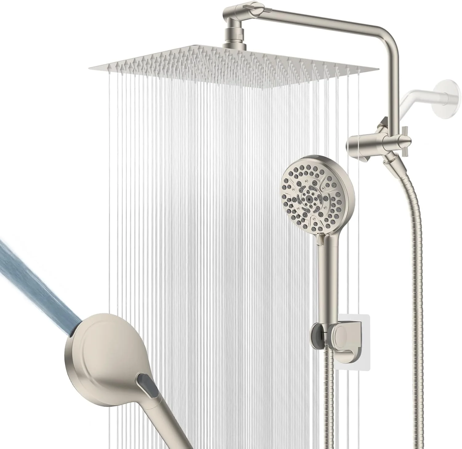 سردوش حمام تمام فلزی 12 اینچی Hygie Rinse، سردوش دستی 10 حالته با فشار قوی به همراه بازوی افزایش دهنده قابل تنظیم 11 اینچی، شلنگ 71 اینچی و نگهدارنده سردوش، نیکل برس خورده