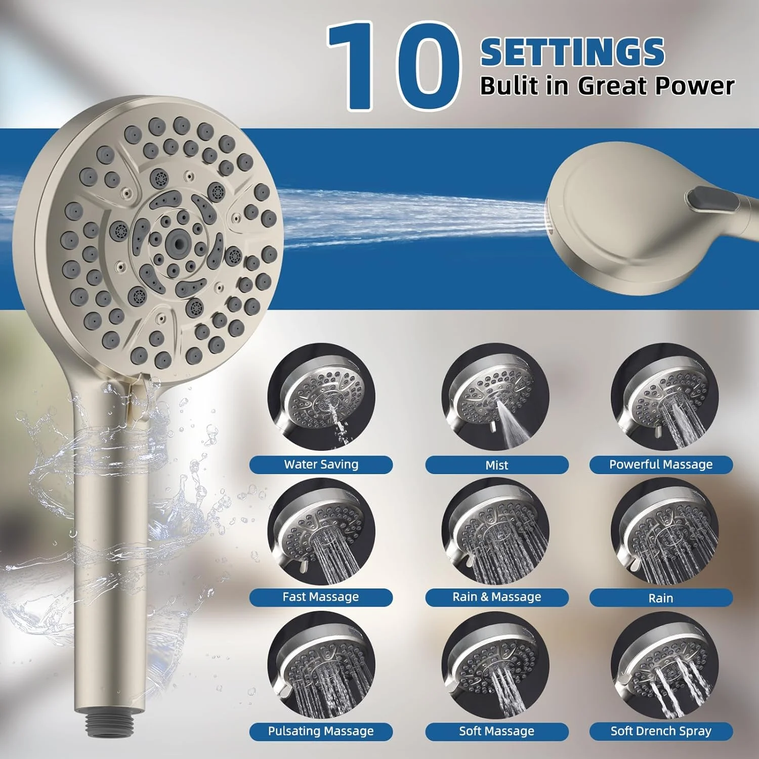 سردوش حمام تمام فلزی 12 اینچی Hygie Rinse، سردوش دستی 10 حالته با فشار قوی به همراه بازوی افزایش دهنده قابل تنظیم 11 اینچی، شلنگ 71 اینچی و نگهدارنده سردوش، نیکل برس خورده