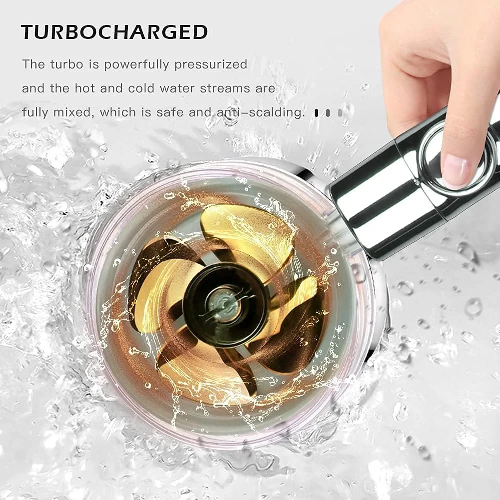 سردوش دستی پرفشار HUOWUSS با پروانه، سردوش چرخان 360 درجه صرفه جویی در آب با فیلتر و دکمه توقف، کیت توربوشارژ برای سردوش حمام (طلایی)
