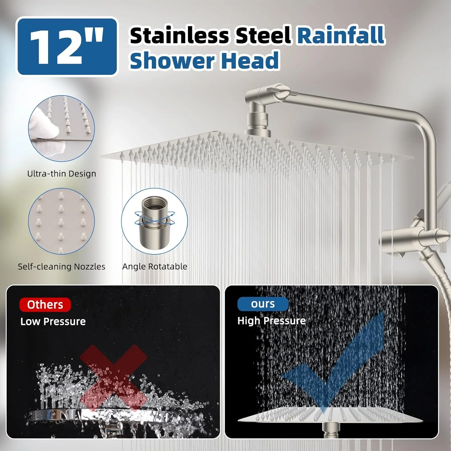 سردوش حمام تمام فلزی 12 اینچی Hygie Rinse، سردوش دستی 10 حالته با فشار قوی به همراه بازوی افزایش دهنده قابل تنظیم 11 اینچی، شلنگ 71 اینچی و نگهدارنده سردوش، نیکل برس خورده