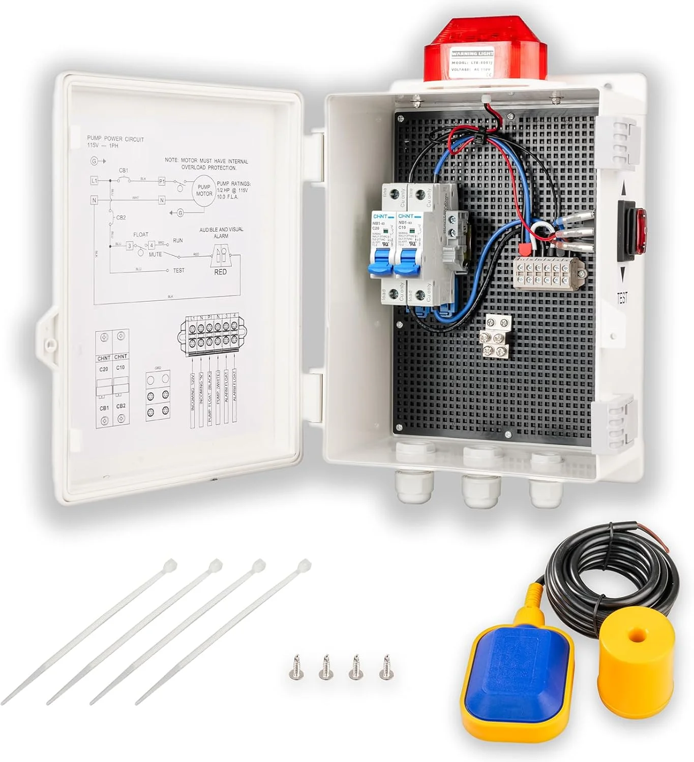 آلارم پمپ سامپ با پنل کنترل پمپ، آلارم سطح آب بالا با صدای 110DB، چراغ آلارم داخلی/خارجی برای سامپ، پمپ سپتیک، حوض و مخزن آب