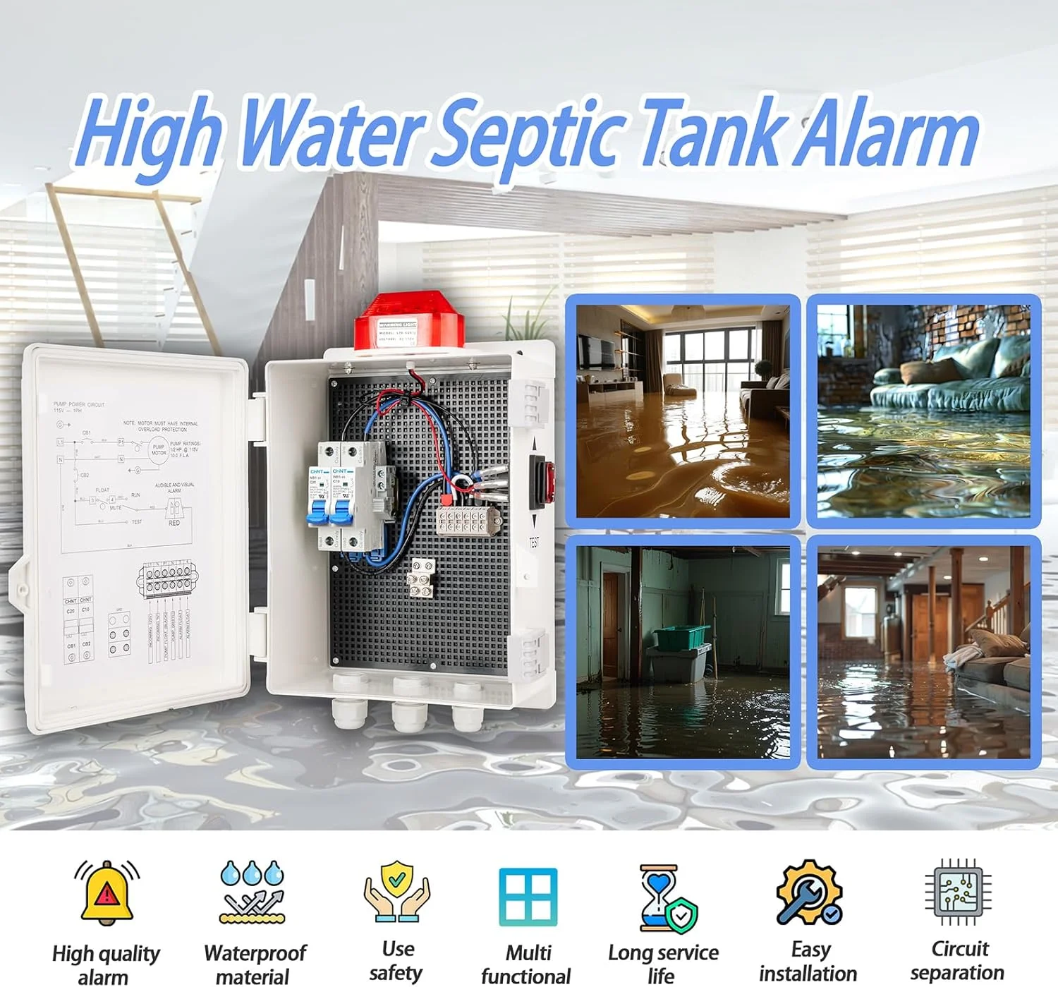 آلارم پمپ سامپ با پنل کنترل پمپ، آلارم سطح آب بالا با صدای 110DB، چراغ آلارم داخلی/خارجی برای سامپ، پمپ سپتیک، حوض و مخزن آب آلارم پمپ سامپ با پنل کنترل پمپ، آلارم سطح آب بالا با صدای 110DB، چراغ آلارم داخلی/خارجی برای سامپ، پمپ سپتیک، حوض و مخزن آب