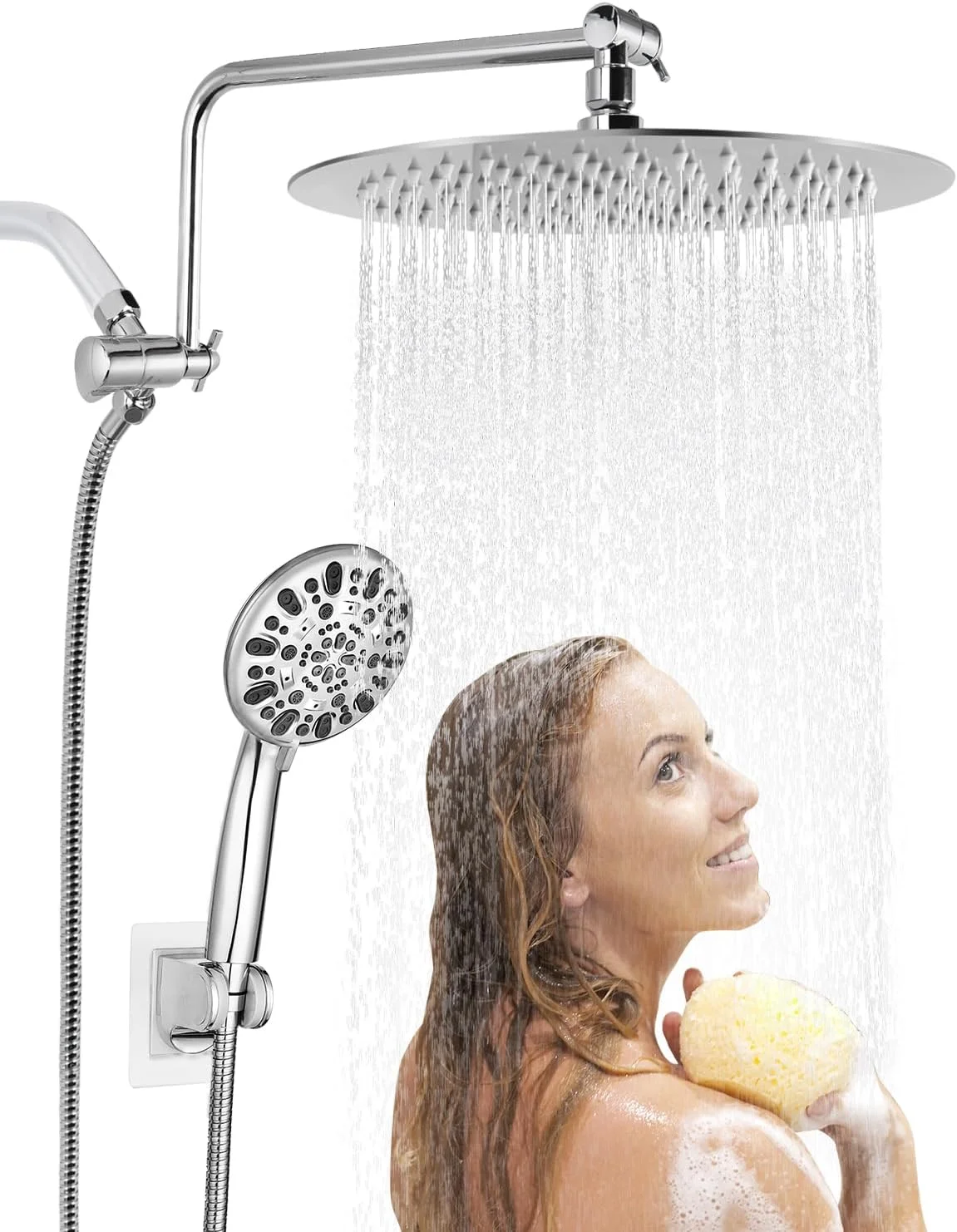 سردوش بارانی iFealClear به همراه دوشی دستی، سردوش بارانی 10 اینچی با فشار بالا به همراه بازوی قابل تنظیم متصل به سه راهی، دوشی دستی با 7 حالت مختلف، شلنگ 70 اینچی، کروم