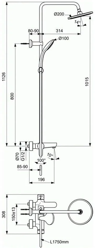 دوش بارانی Cerafine استاندارد ایده‌آل - روکش کروم | شیر دوش متعادل کننده فشار استیل ضد زنگ | سیستم دوش بارانی دیواری برای حمام با دوش دستی قابل تنظیم