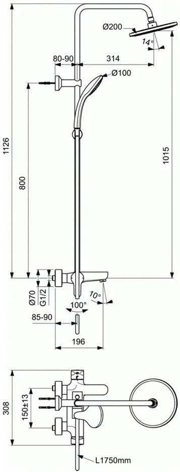 دوش بارانی Cerafine استاندارد ایده‌آل - روکش کروم | شیر دوش متعادل کننده فشار استیل ضد زنگ | سیستم دوش بارانی دیواری برای حمام با دوش دستی قابل تنظیم