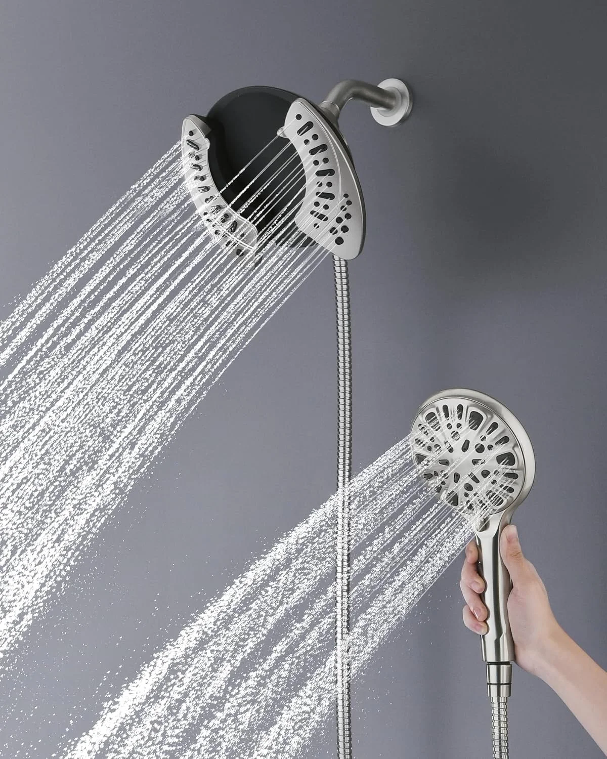 سردوش حمام 2 در 1 با ترکیب دستی: سردوش بارانی 2.5GPM و سردوش جداشدنی را می توان با هم یا جداگانه استفاده کرد، 9 حالت اسپری سردوش دستی با شلنگ، نیکل