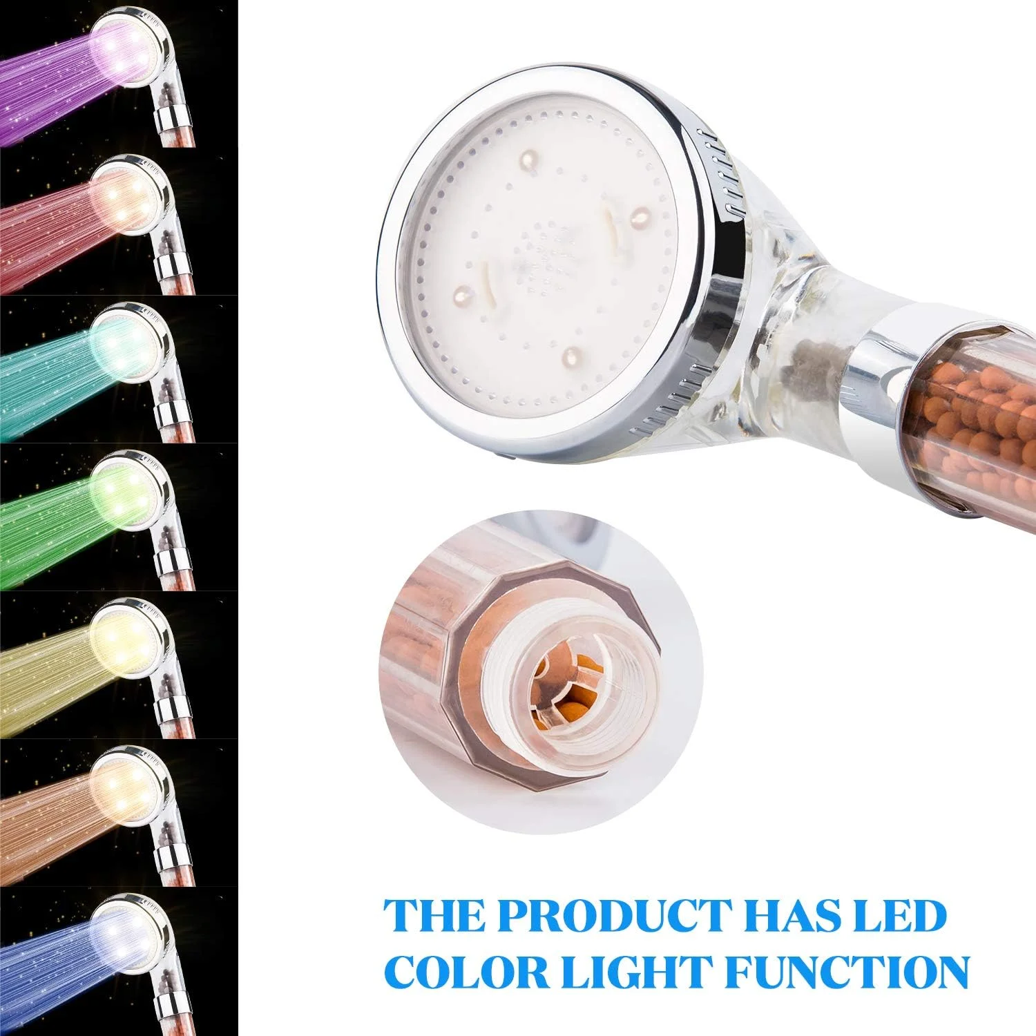 سردوش LED با مهره های سنگ فیلتراسیون، صرفه جویی در آب، تغییر رنگ 7گانه، دستی، فشار قوی، مناسب پوست خشک و جلوگیری از ریزش مو