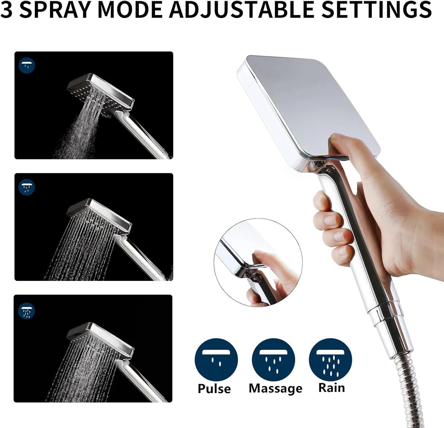 سردوش دستی فشار قوی IOHOVE، سردوش مربعی جداشدنی با شلنگ استیل 304 به طول 150 سانتی متر و پایه برنجی، مجموعه سردوش مدرن با حالت های اسپری چندگانه و تنظیمات ارتقا یافته