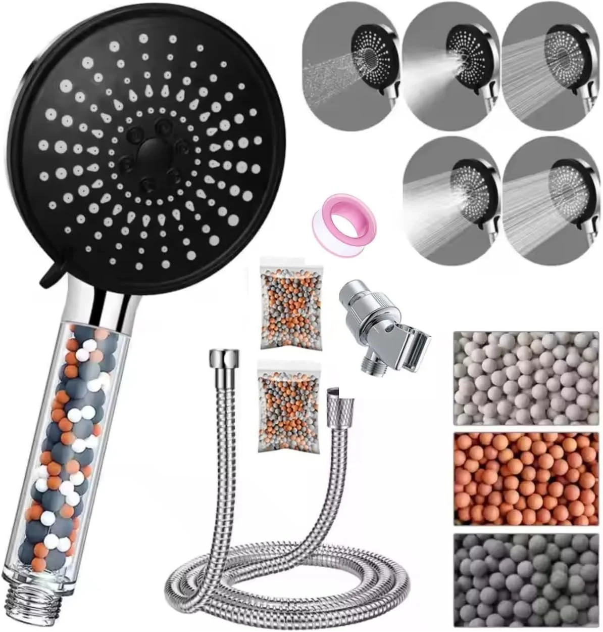 سردوش حمام JUNARIS به همراه شلنگ با 6 حالت اسپری، کروم - سردوش با لوله استیل ممتاز 1.8 متری (ست فیلتر 5 حالته)