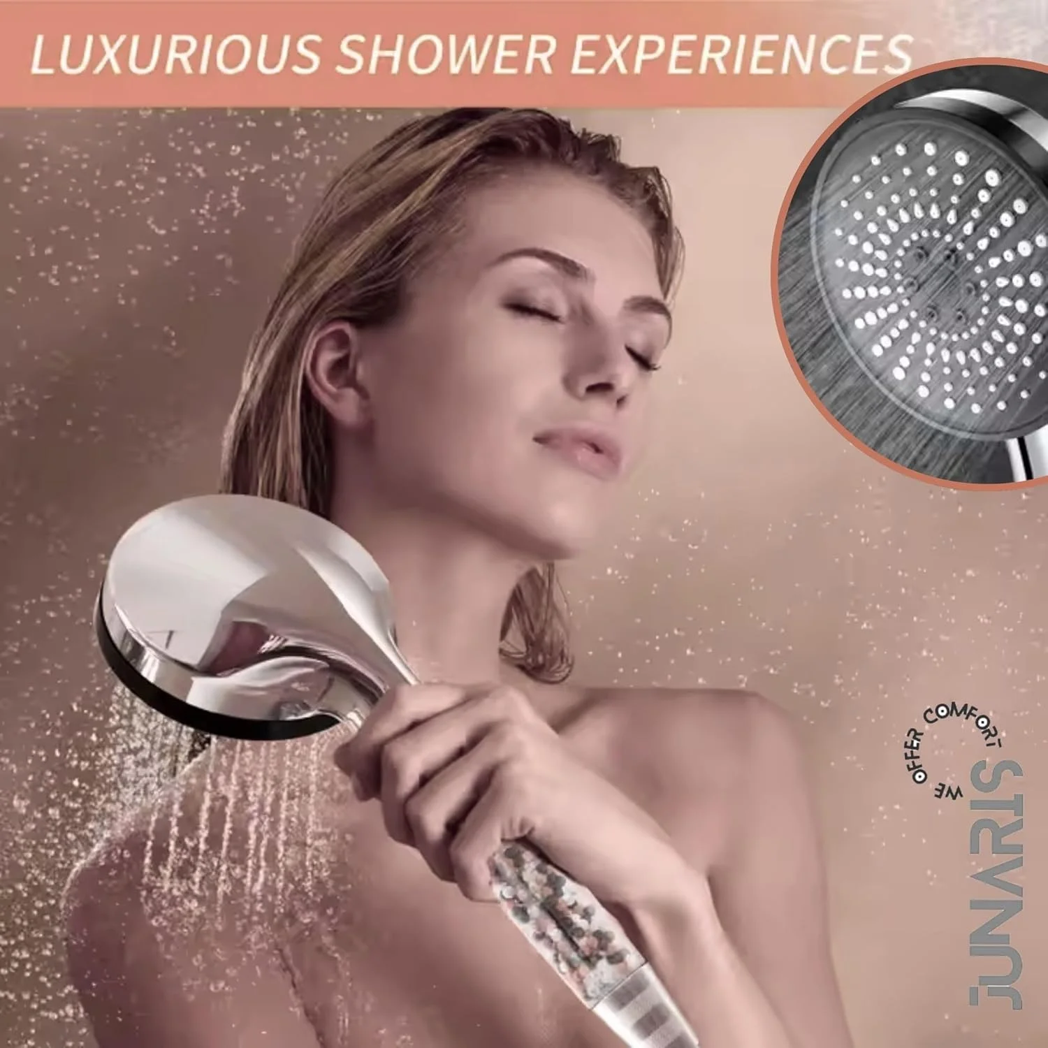 سردوش حمام JUNARIS به همراه شلنگ با 6 حالت اسپری، کروم - سردوش با لوله استیل ممتاز 1.8 متری (ست فیلتر 5 حالته)