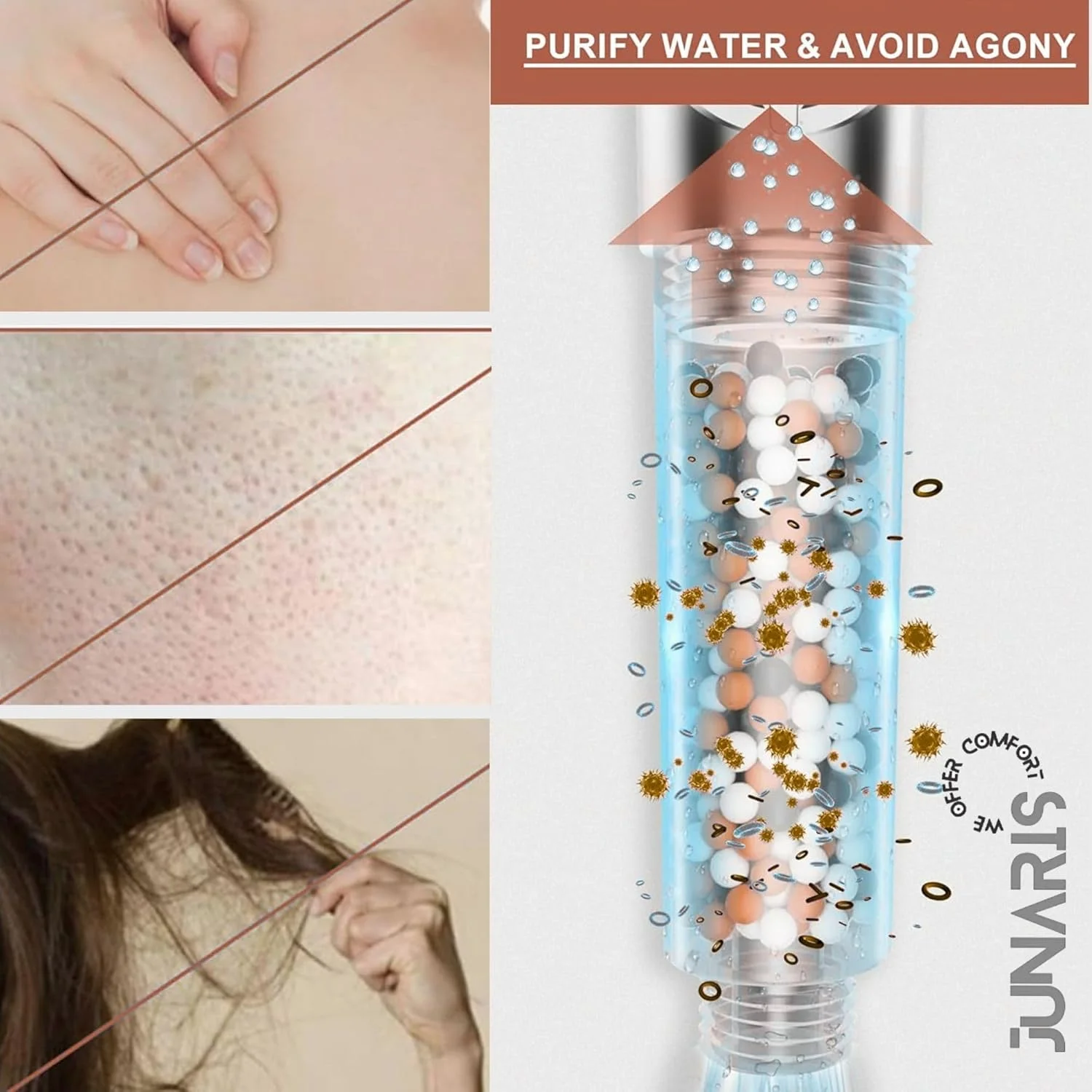 سردوش حمام JUNARIS به همراه شلنگ با 6 حالت اسپری، کروم - سردوش با لوله استیل ممتاز 1.8 متری (ست فیلتر 5 حالته)