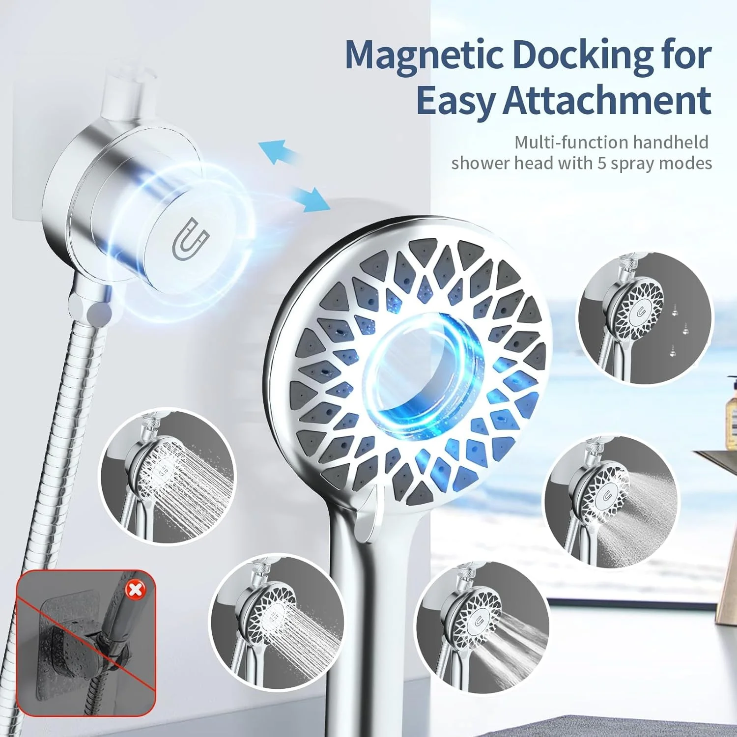 ست دوش دوگانه KAIYING با اسپری دستی، سر دوش مغناطیسی فیلتردار، ست سر دوش بارانی و دسته با فشار بالا برای حمام با فیلتر برای آب سخت، شلنگ بلند 79 اینچی (کروم)