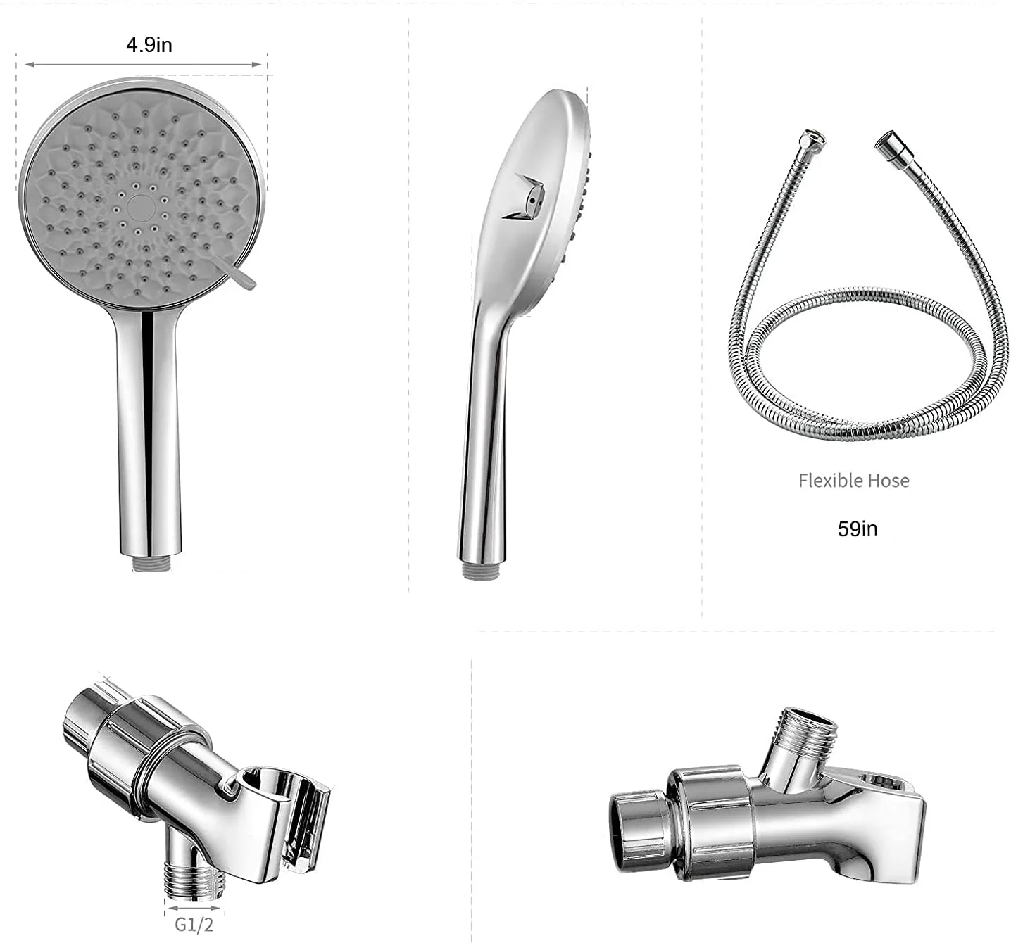 سردوش حمام فشار قوی JYZhe با صفحه اسپری بزرگ 4.9 اینچی، حالت اسپری مه پاش، سردوش دستی با شلنگ استیل 59 اینچی - کروم