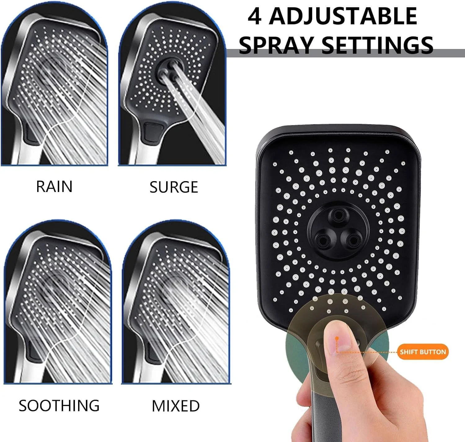 سردوش حمام KASTWAVE با فشار قوی و 4 حالت پاشش، سردوش مربعی قدرتمند برای افزایش فشار آب، سردوش دستی، سردوش صرفه جویی در آب جهانی