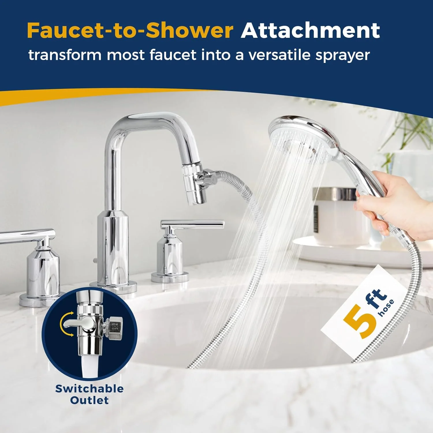 سردوش چند منظوره برای سینک، شیرآلات، حمام و باغ - دارای شلنگ و پنج اتصال دهنده برای شستشوی مو، حیوانات خانگی و نوزاد، به همراه دکمه روشن/خاموش