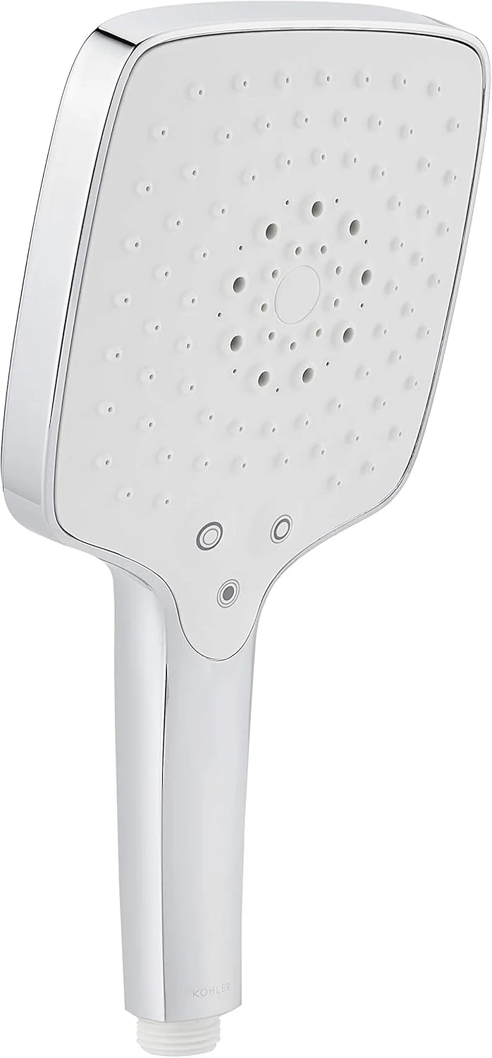 دوش دستی چند حالته مربعی شکل Kohler Rain Duet برای حمام - نقره ای با روکش کروم - شیر دوش دستی - 3 نوع اسپری با جریان بالا - فناوری اسپری القایی هوا Katalyst مدل 97009IN-CP