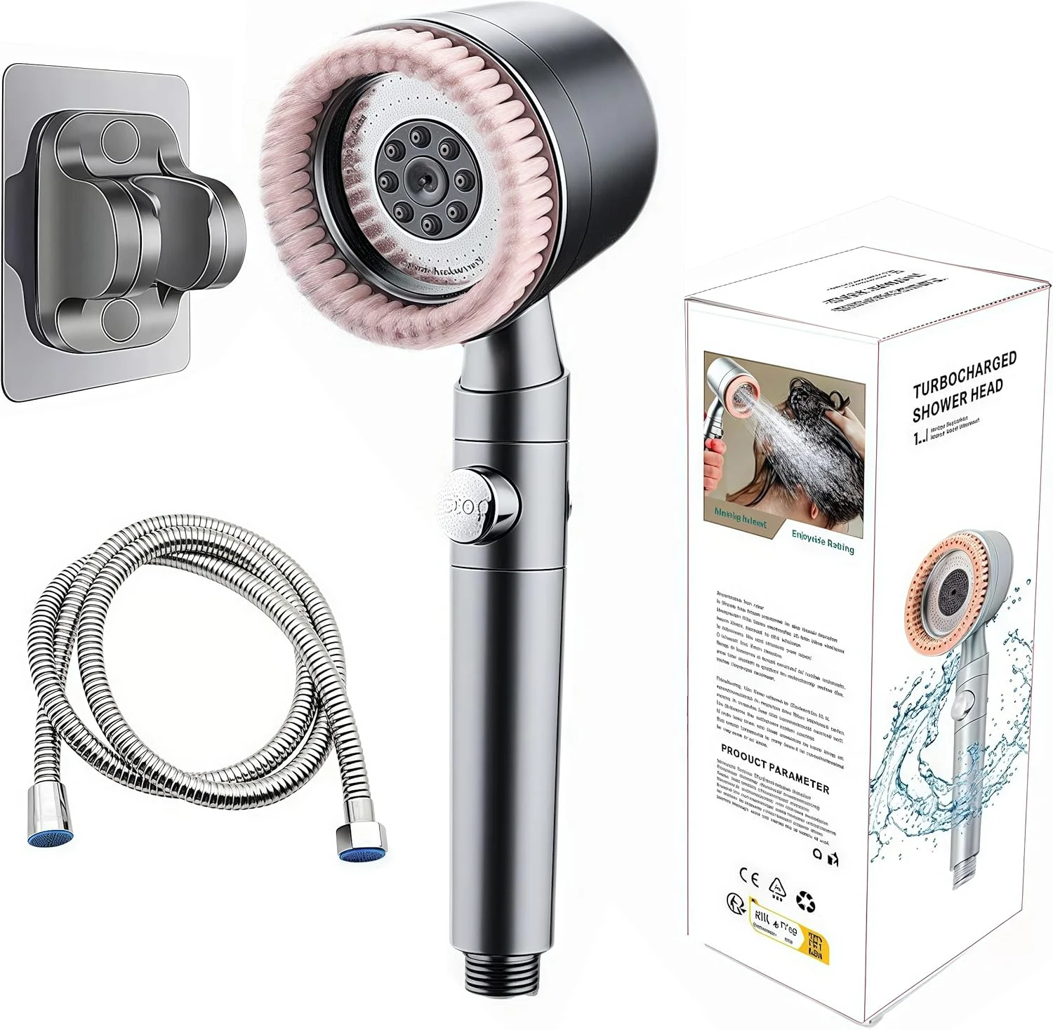 ست فیلتر دوش Lolotzii برای ریزش مو، نگهدارنده سردوش و مجموعه شلنگ، سردوش دستی با 5 حالت اسپری و فشار بالا با برس (صورتی و خاکستری)