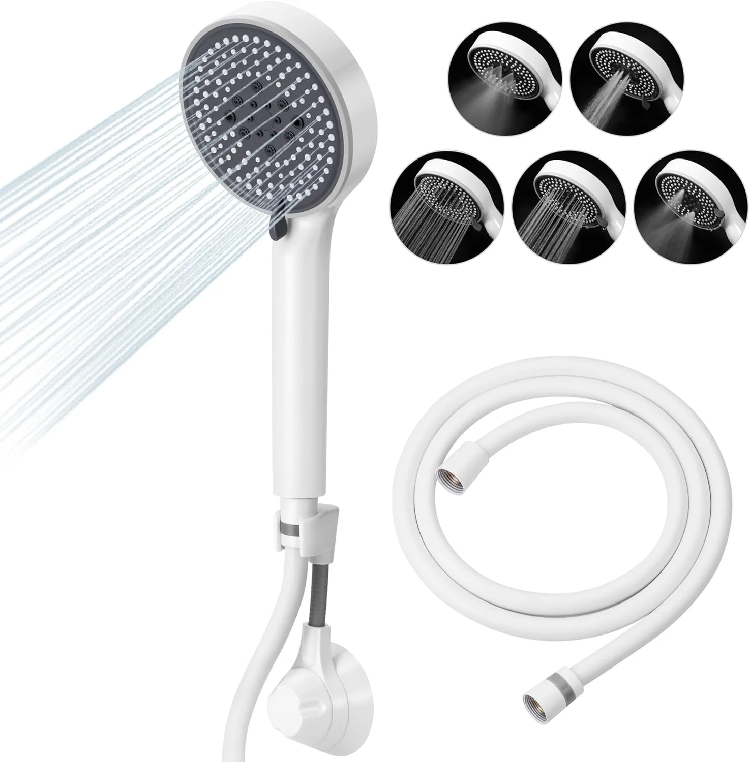 ست سردوش دستی فشار قوی لونیان با 5 حالت پاشش، سردوش دستی با جریان بالا به همراه شلنگ 1.5 متری، پایه قابل تنظیم، نوار و واشرهای لاستیکی (سفید)