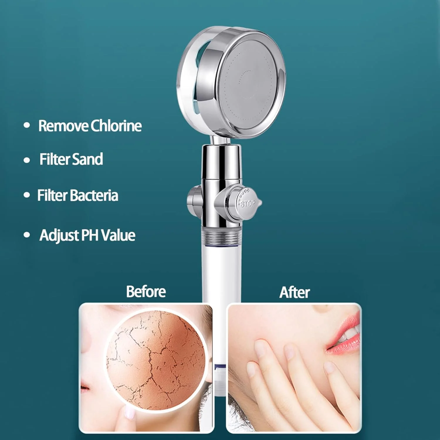 سردوش دستی فیلتردار فشار قوی، به همراه شلنگ، پایه و برس تمیز کننده سردوش، سردوش گردابی صرفه جویی در آب با دکمه توقف و پروانه قابل جابجایی