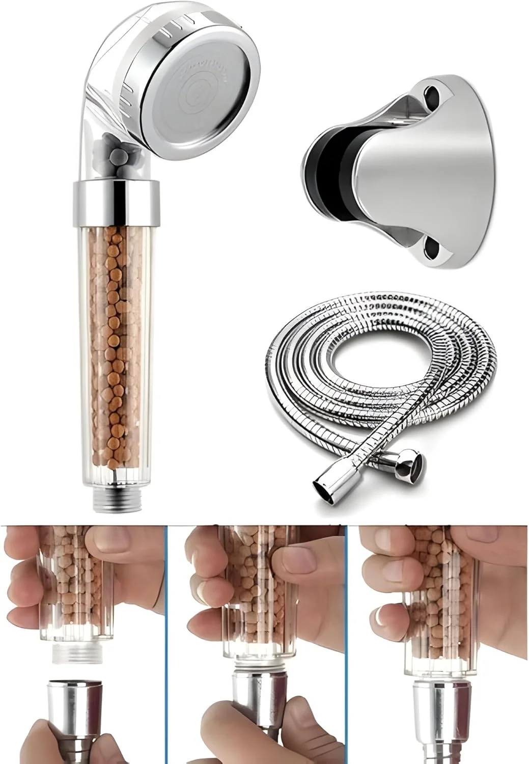 سردوش دستی فیلتردار یونی فشار قوی M&R LUXE – صرفه جویی در آب، فیلتر آب سخت، مهره های معدنی، EcoPower، شلنگ استیل ضد زنگ، نصب آسان، مراقبت از پوست و مو – مناسب برای همه دوش ها