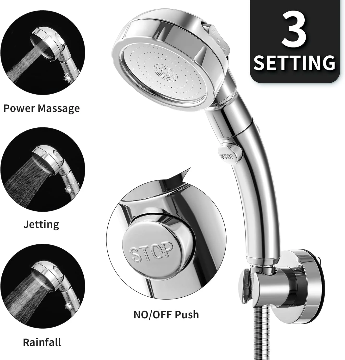 سردوش دستی فشار قوی Marbrasse با 3 حالت، دکمه فشاری روشن/خاموش و سوییچ کنترل جریان، اسپری های بدنه با قابلیت تنظیم زاویه و صرفه جویی در آب (کروم)