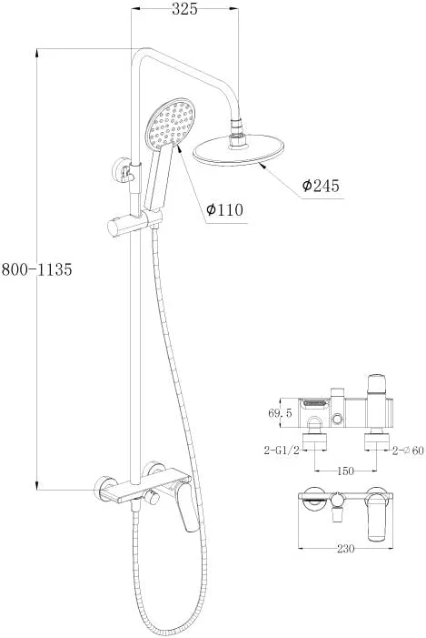 مجموعه دوش حمام مدل Milano Mita با روکش کروم | بدنه فلزی مستحکم با سیستم تنظیم فشار آب | سیستم دوش بارانی دیواری به همراه دوش دستی - (23x32.5x113.5) سانتی متر