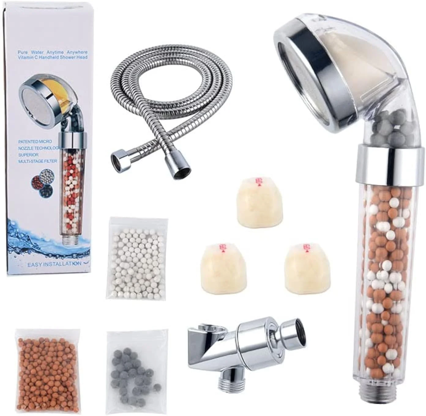 سردوش دستی فیلتر ویتامین C با فشار بالا به همراه پایه و شلنگ فلزی، تصفیه کننده آب سخت، نرم کننده، فیلتر کلر و فلوراید، سردوش معطر، مناسب پوست خشک و جلوگیری از ریزش مو (یاس)