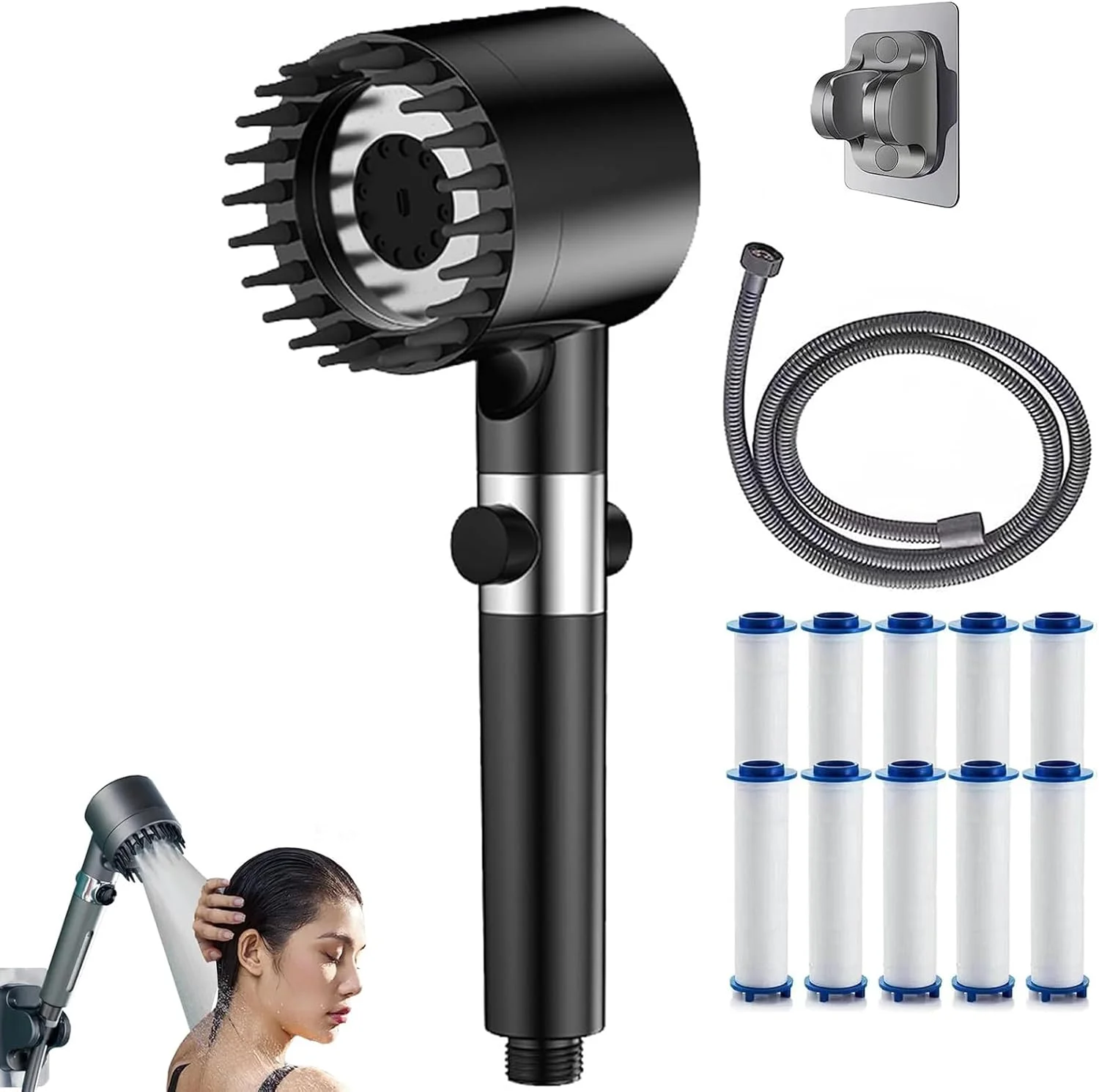 دوش چند منظوره ماساژ Miurixo، ست سر دوش دستی فشار قوی، سوئیچ تک دکمه ای 3 حالت ماساژ و دوش زیبایی پوست، سر دوش اسپری با فیلتر (مشکی)