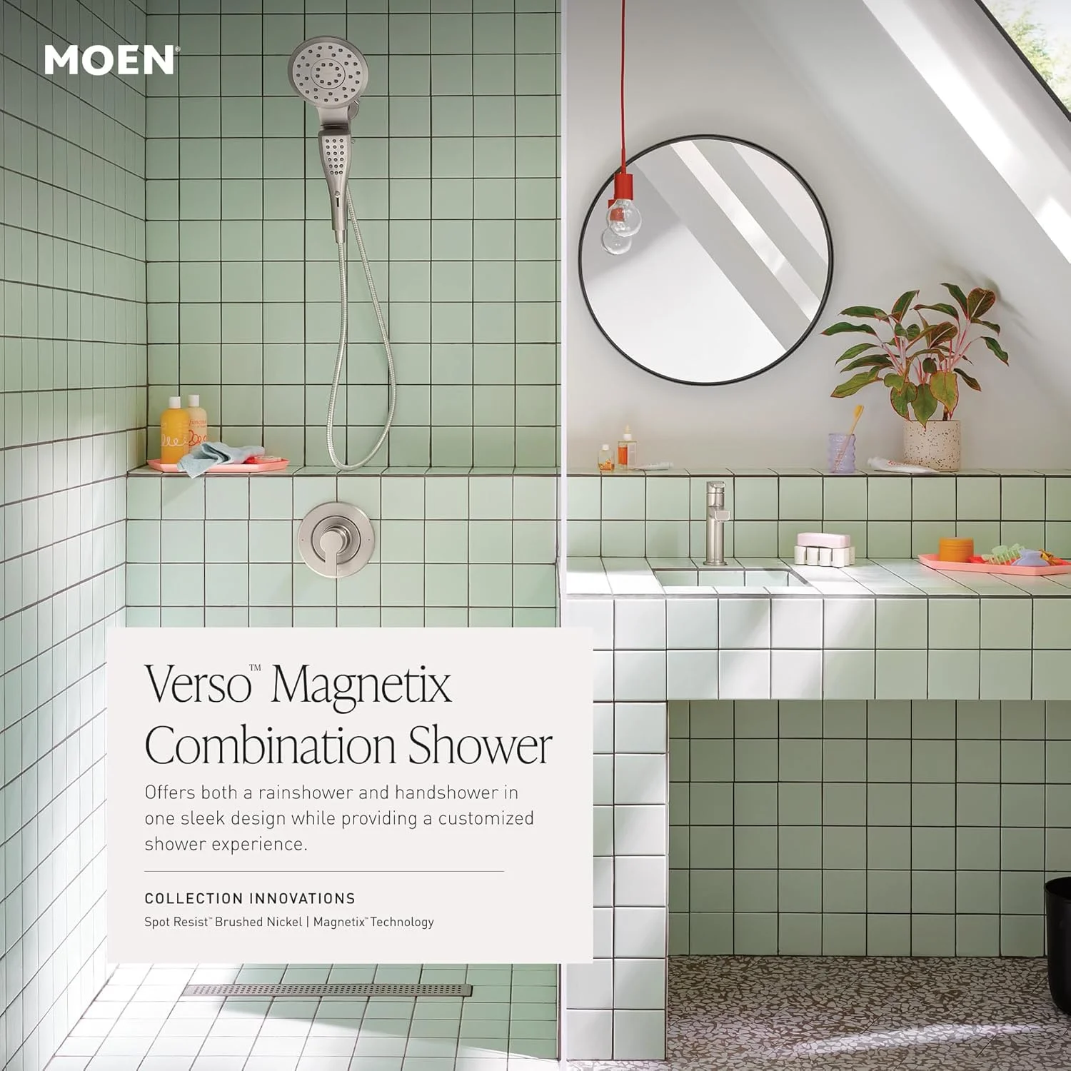 دوش ترکیبی سقفی/دستی موئن مدل 220C2EPSRN Verso با صفحه تنظیم Infiniti و اتصال Magnetix، رنگ نیکل برس خورده مقاوم در برابر لک