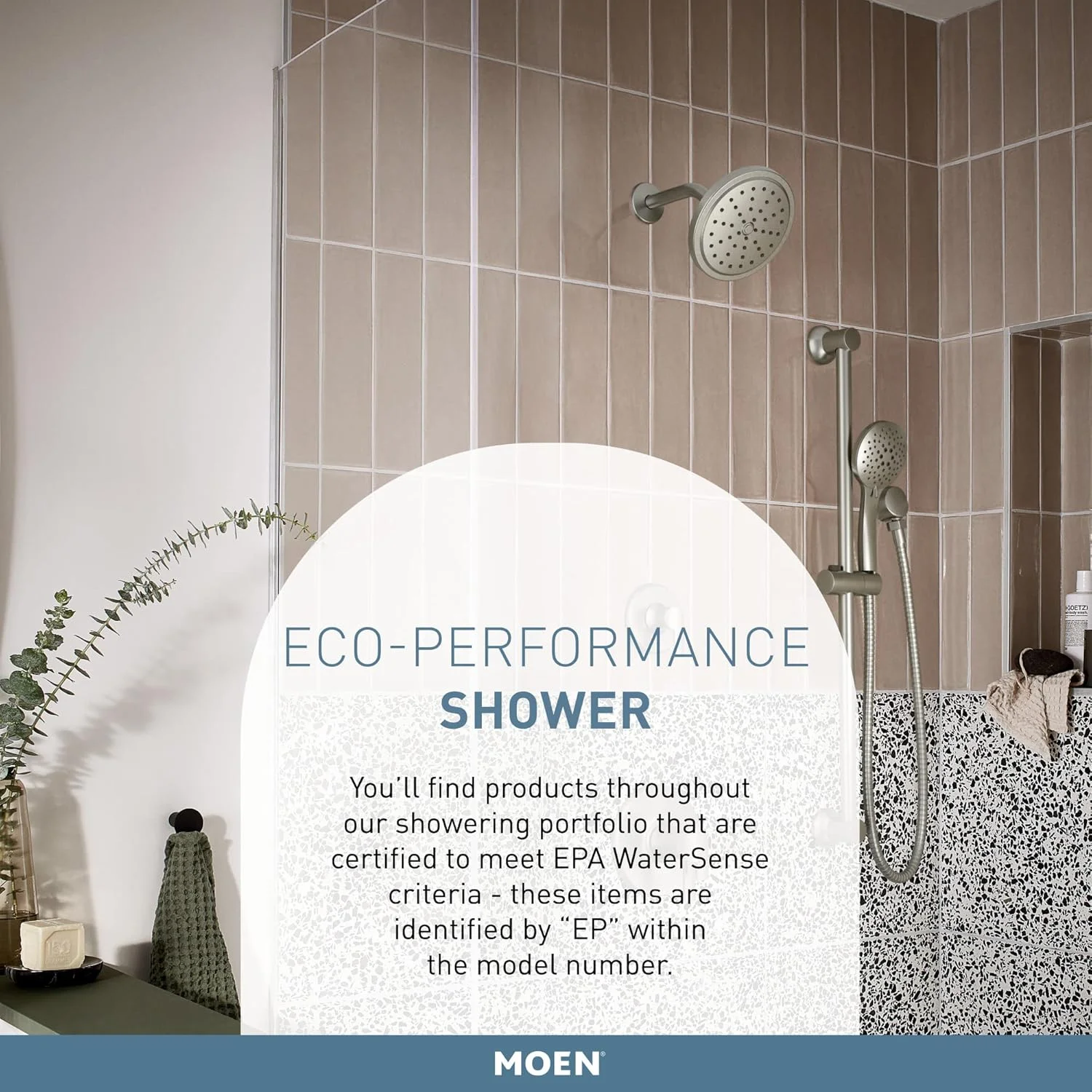 دوش دستی نیکل برس خورده Moen Eco-Performance با میله لغزنده 30 اینچی قابل تنظیم و شلنگ 69 اینچی، دوش دستی 5 حالته با گزینه های اسپری شخصی سازی شده، 3558EPBN