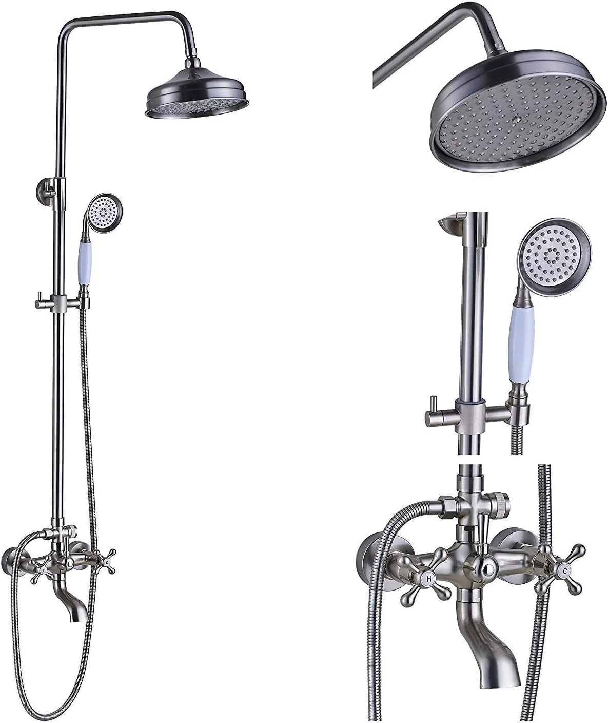 سیستم دوش، سیستم شیر دوش حمام دیواری نیکل برس خورده با سر دوش بارانی 8 اینچی + اسپری دستی، ست دوش لوکس