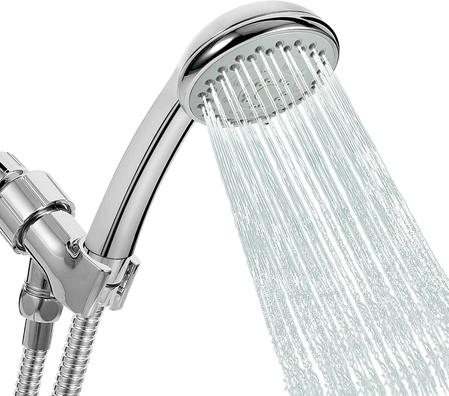 سردوش دستی فشار قوی، 5 حالت اسپری، ماساژ چند منظوره، دوش بارانی، به همراه شلنگ دوش استیل ضد زنگ و پایه قابل تنظیم زاویه، اتصال آسان و بدون نیاز به ابزار، کروم