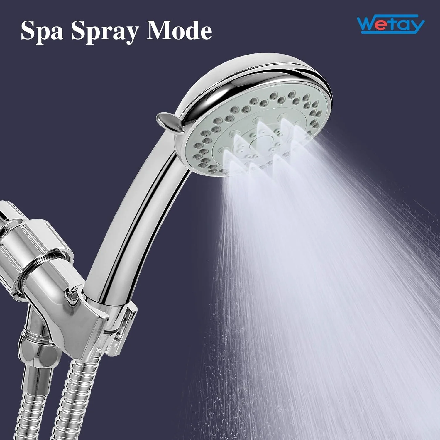 سردوش دستی فشار قوی، 5 حالت اسپری، ماساژ چند منظوره، دوش بارانی، به همراه شلنگ دوش استیل ضد زنگ و پایه قابل تنظیم زاویه، اتصال آسان و بدون نیاز به ابزار، کروم