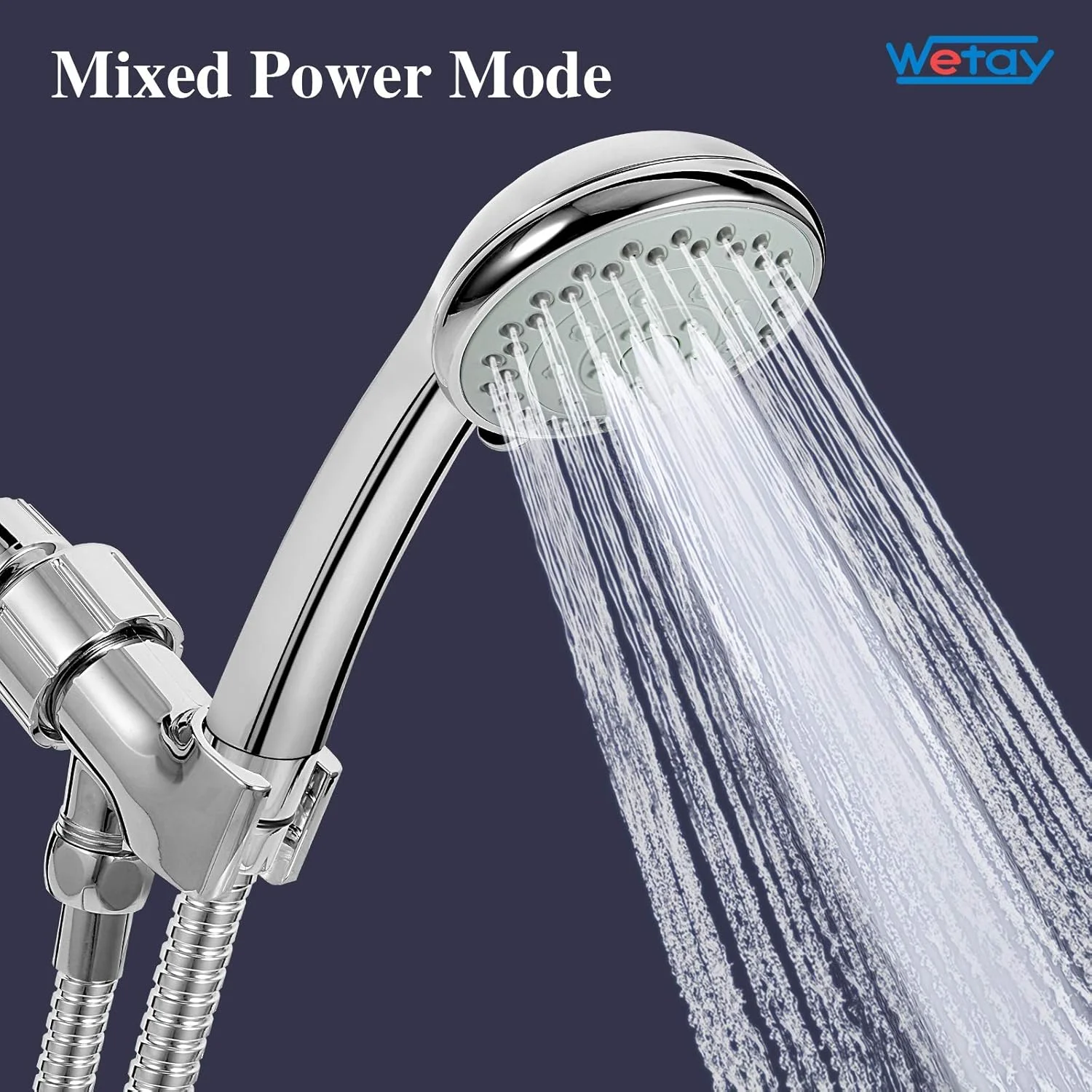 سردوش دستی فشار قوی، 5 حالت اسپری، ماساژ چند منظوره، دوش بارانی، به همراه شلنگ دوش استیل ضد زنگ و پایه قابل تنظیم زاویه، اتصال آسان و بدون نیاز به ابزار، کروم