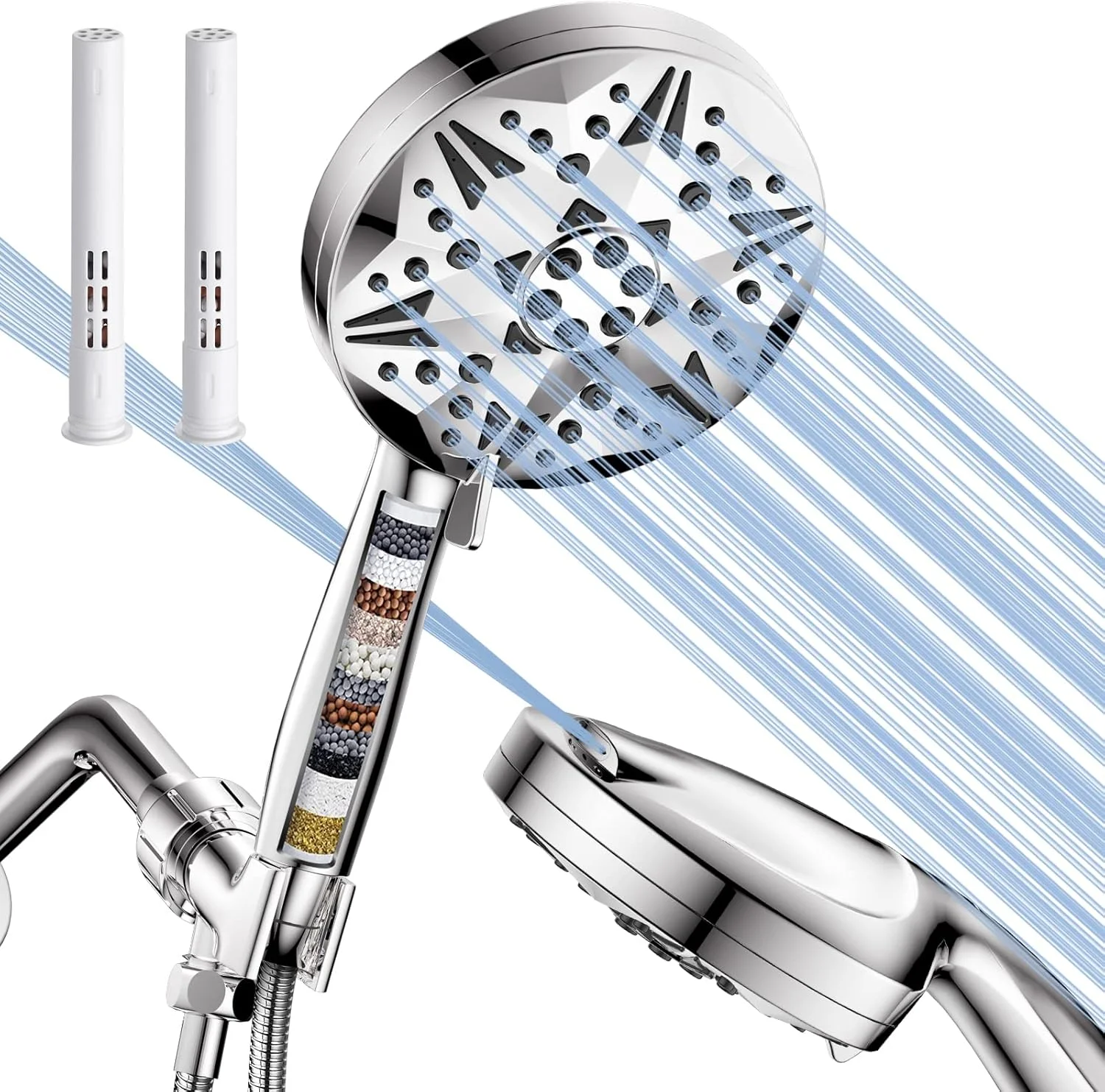 سردوش دستی NERDON با فیلتر، ۱۰ حالت، روکش کروم، شامل سر دوش ۱۳ سانتی‌متری، شلنگ ۱۵۰ سانتی‌متری، ۲ کارتریج فیلتر