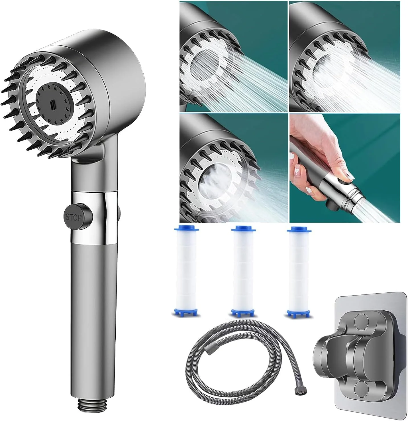 سردوش حمام فشار قوی NIBEMINENT با 4 فیلتر، سردوش جداشدنی با 4 حالت اسپری، شلنگ استیل ضد زنگ 1.5 متری بدون گره خوردگی، نگهدارنده بدون نیاز به سوراخ کاری، خاکستری
