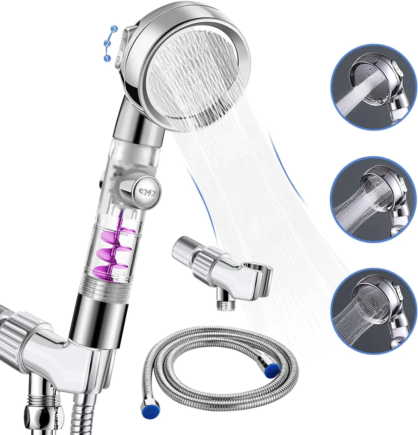 سردوش حمام Nibobeso با سر دوشی دستی، فیلتر دار فشار قوی 4 حالته جداشدنی با پروانه و دکمه توقف، حذف کلر و مواد مضر (نقره ای)