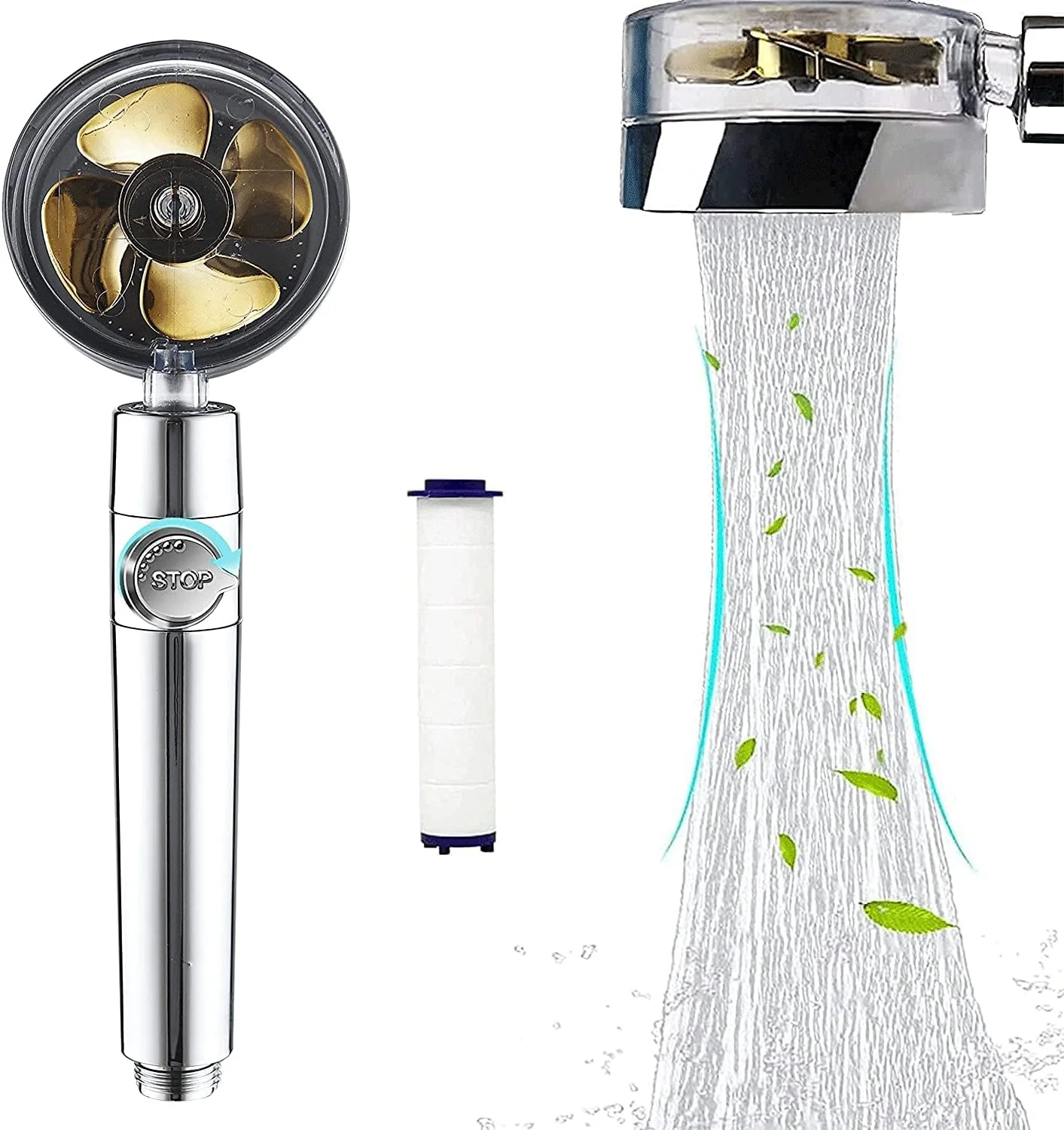 سردوش حمام توربو فن دستی Oprtuisi Hydro Jet، سردوش های فشار قوی با فیلتر، سردوش توربوشارژ چرخشی 360 درجه (طلایی جدید)