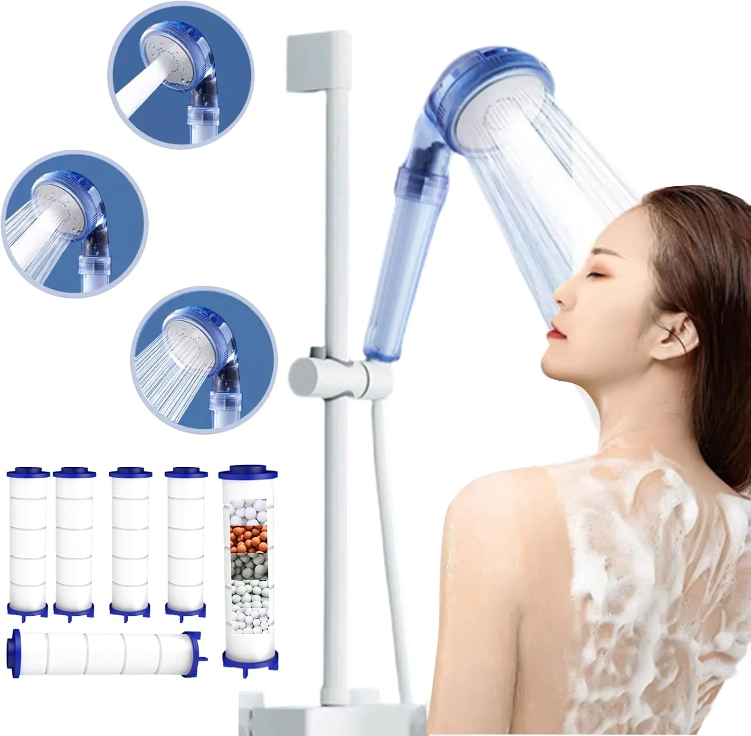 سردوش حمام ONserca با فیلتر داخلی 7 لایه ضد رسوب و ضد کلر، سردوش یونیورسال پرفشار با 3 حالت اسپری به همراه 5 فیلتر اضافی - حذف 99% کلر و تصفیه آب (آبی)