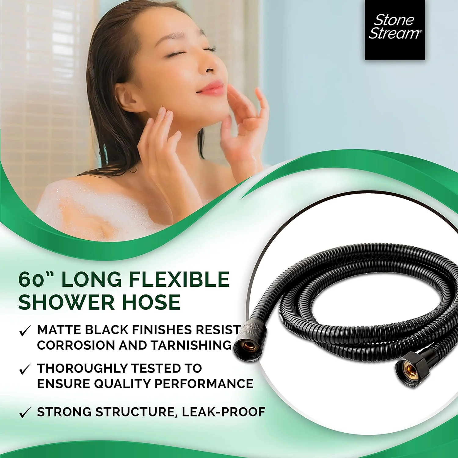 شلنگ دوش دستی انعطاف پذیر سنگی جریان اصلی - مشکی مات