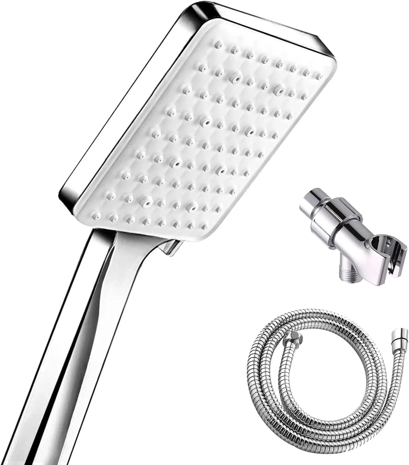 سردوش حمام OUNA، سردوش دستی فشار قوی با شلنگ 1.5 متری، پایه چرخان 360 درجه، 6 حالت اسپری، سردوش قابل تنظیم حمام، سردوش بارانی کروم براق (G1/2)