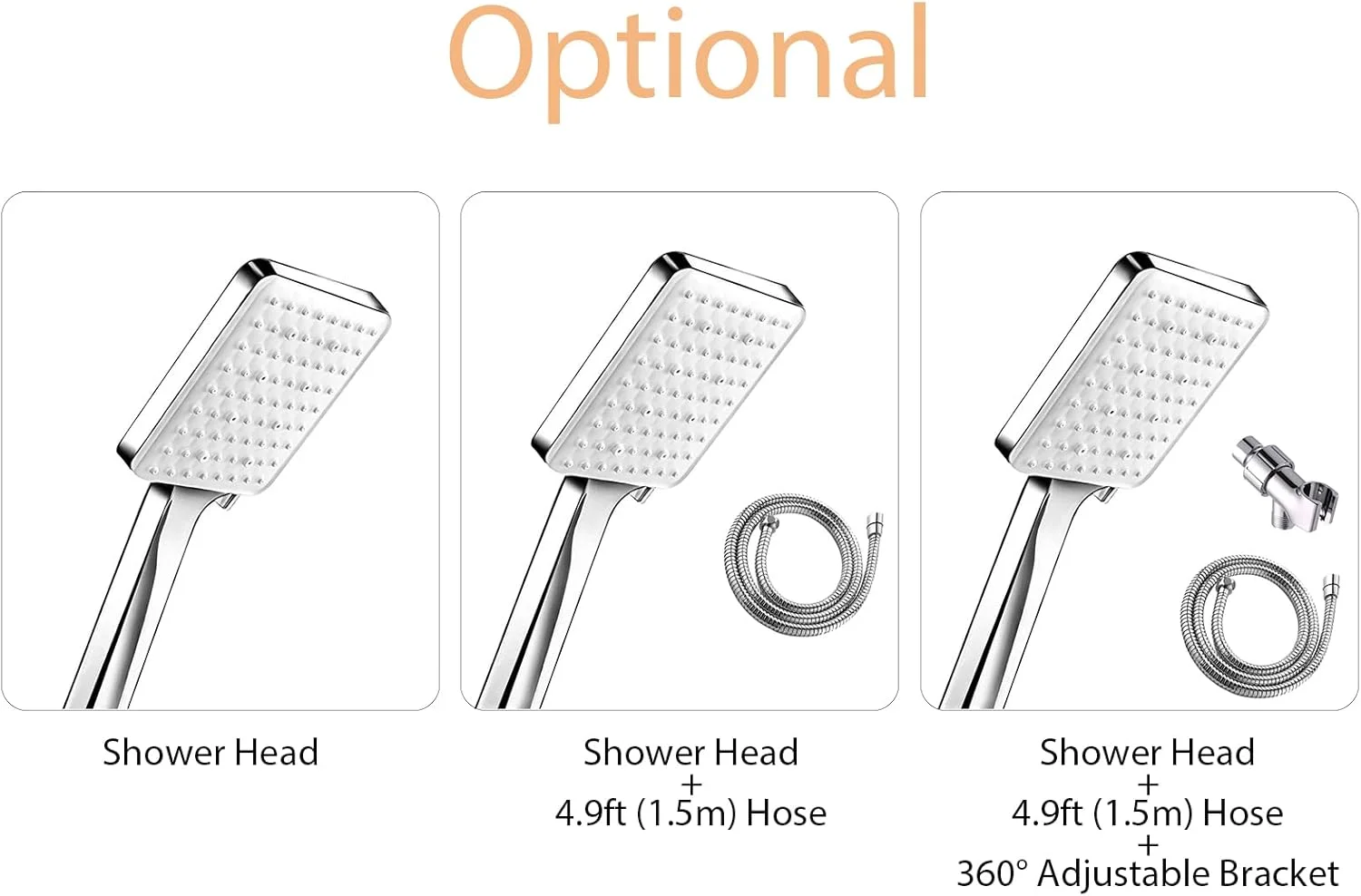 سردوش حمام OUNA، سردوش دستی فشار قوی با شلنگ 1.5 متری، پایه چرخان 360 درجه، 6 حالت اسپری، سردوش قابل تنظیم حمام، سردوش بارانی کروم براق (G1/2)
