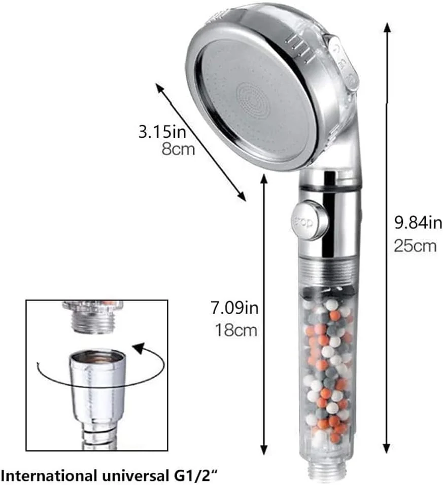 سردوش حمام با فشار قوی، دارای ۳ حالت، دکمه روشن/خاموش و دکمه توقف، صرفه جویی در آب، دارای آنیون های معدنی یونی، سردوش دستی