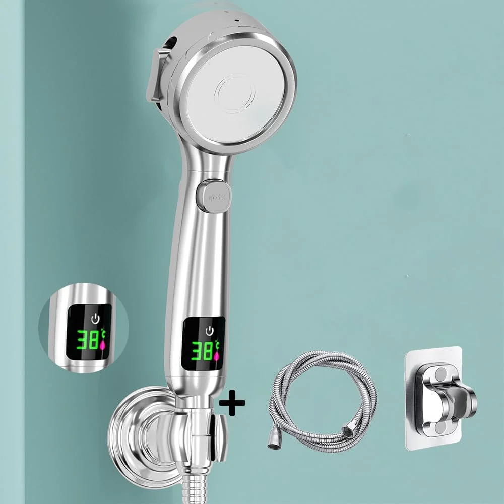سری دوش دستی حمام با فشار قوی، صرفه جویی در آب، اسپری قابل تنظیم تحت فشار، نمایشگر دیجیتال LED دما، ست نقره ای