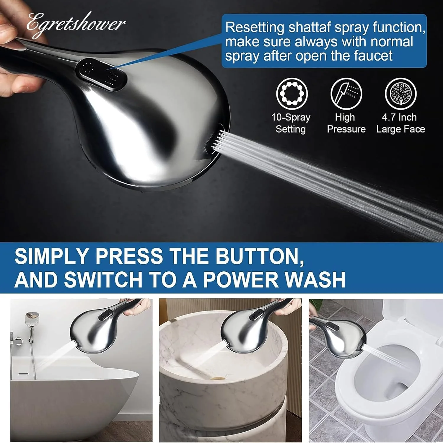 سردوش دستی فشار قوی، سردوش 10 حالته، ست سردوش جداشدنی 4.7 اینچی با شلنگ 5 فوتی، پایه قابل تنظیم و شستشوی پرقدرت داخلی برای تمیز کردن وان، کاشی و حیوانات خانگی - کروم براق