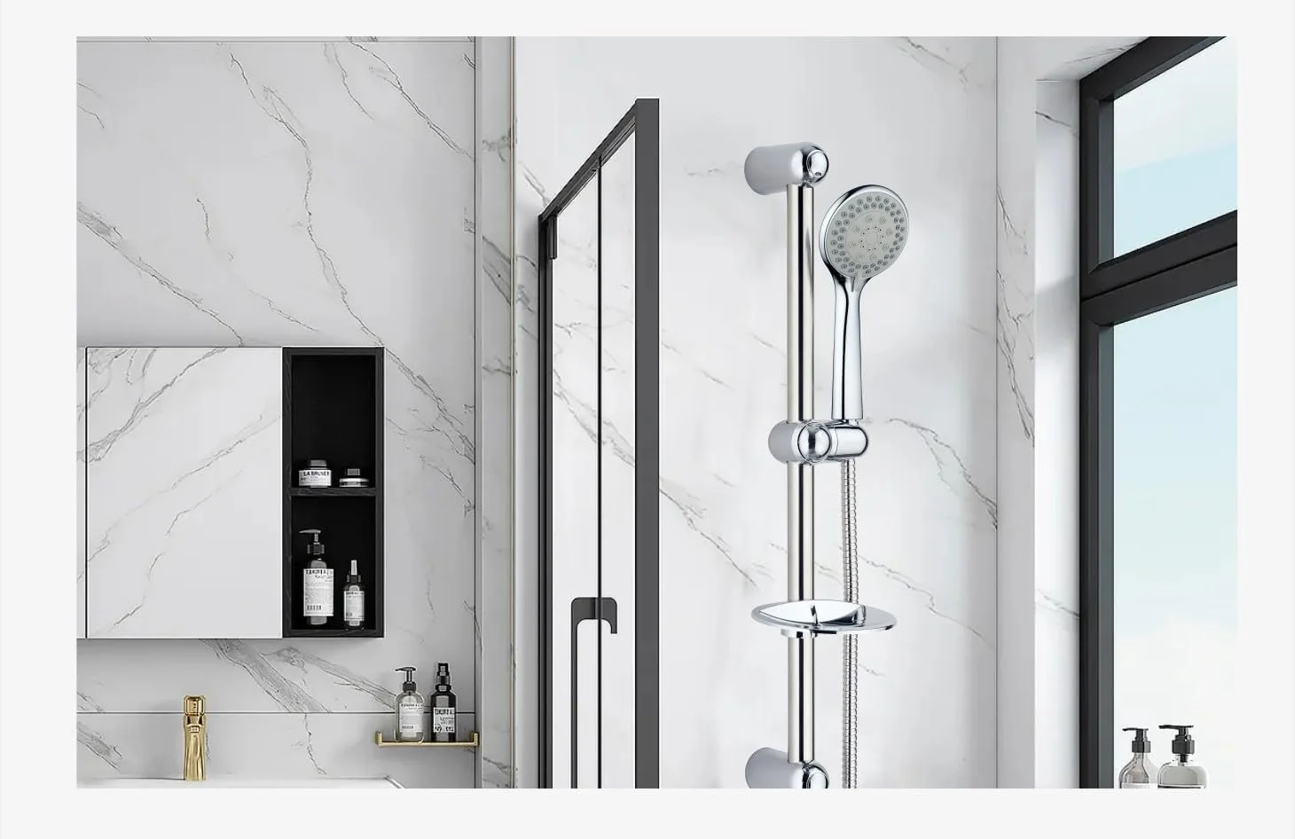 ست دوش استیل ضد زنگ با کیفیت عالی – سردوش دستی 5 حالته با شلنگ 1.5 متری، اسپری بالایی 200 میلی‌متری، میله قابل تنظیم 25x54 سانتی‌متری و دوش دستی 100x240 میلی‌متری