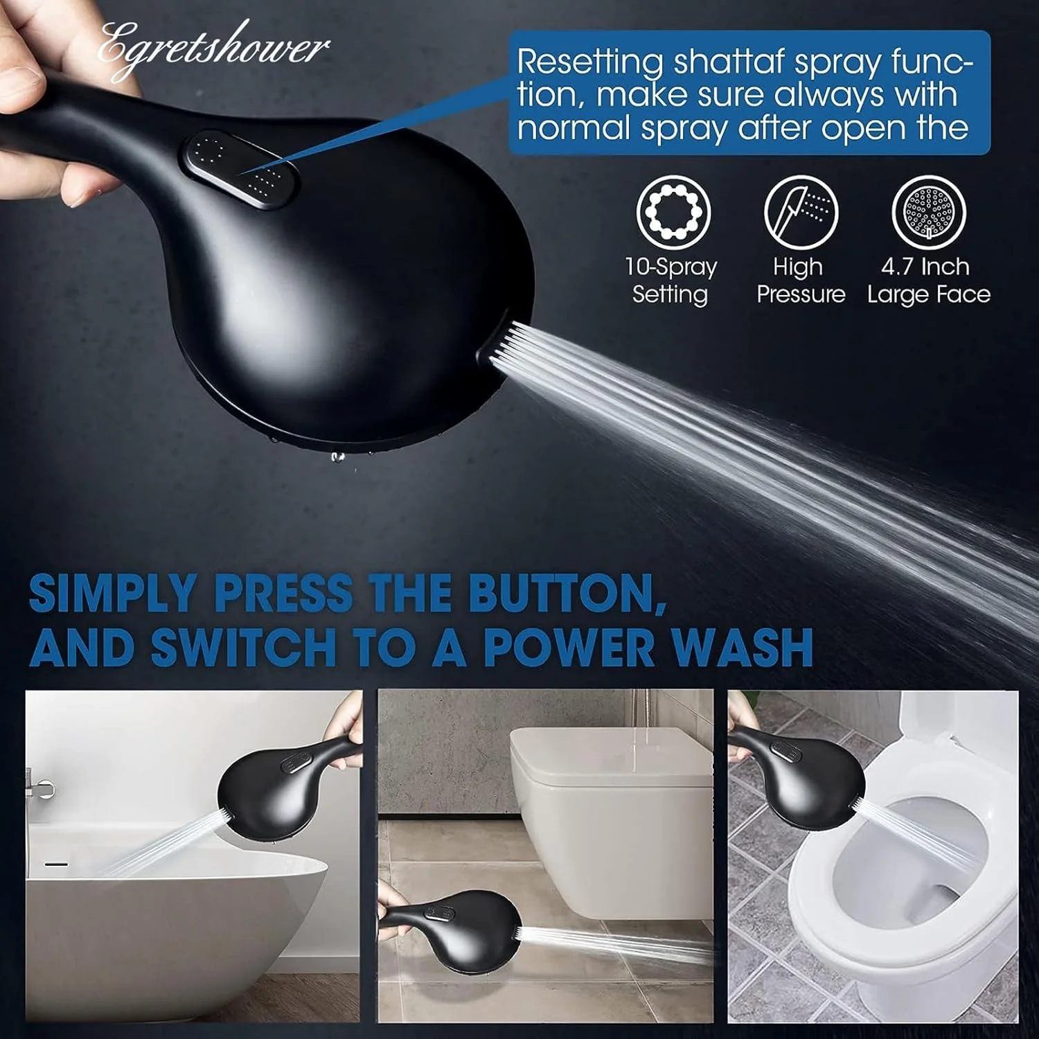 سردوش دستی فشار قوی، سردوش 10 حالته، ست سردوش جداشدنی 4.7 اینچی با شلنگ 5 فوتی، پایه قابل تنظیم و شستشوی قدرتمند داخلی برای تمیز کردن وان، کاشی و حیوانات خانگی - مشکی