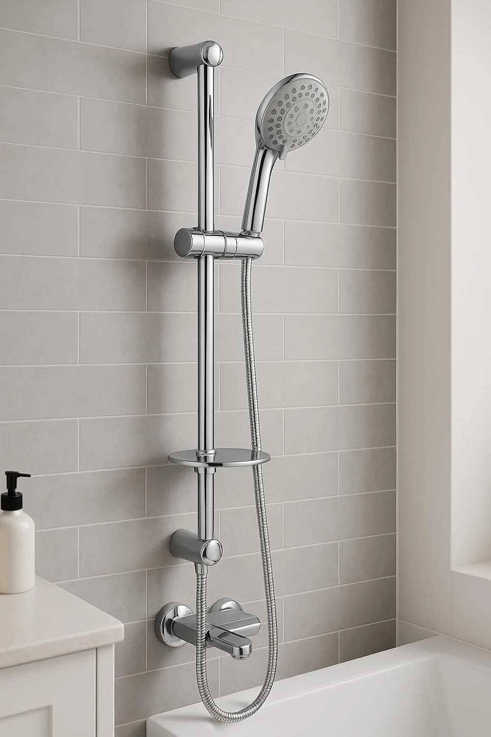 ست دوش استیل ضد زنگ با کیفیت عالی – سردوش دستی 5 حالته با شلنگ 1.5 متری، اسپری بالایی 200 میلی‌متری، میله قابل تنظیم 25x54 سانتی‌متری و دوش دستی 100x240 میلی‌متری