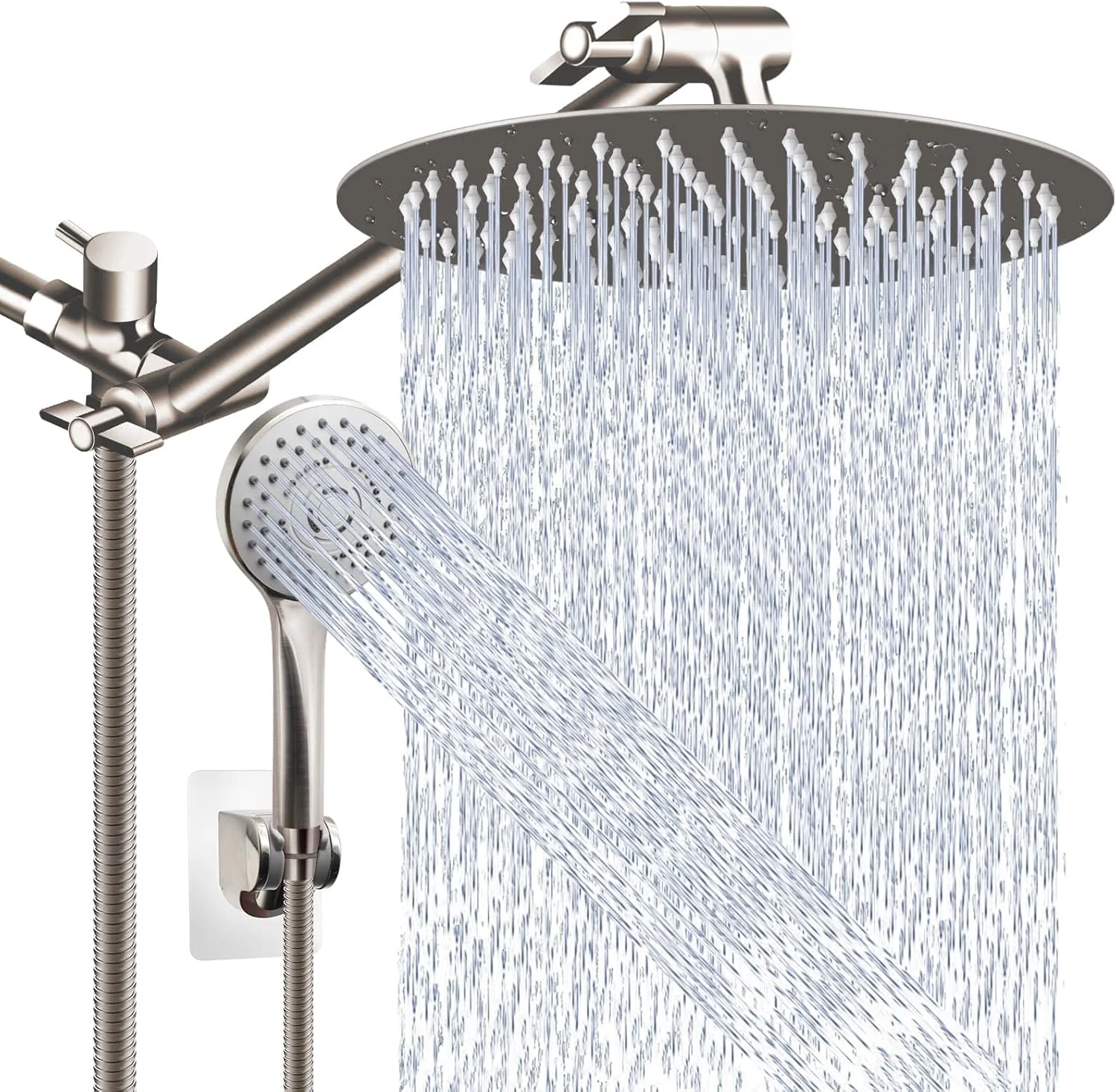 مجموعه سر دوش حمام (نیکل برس خورده)، سر دوش بارانی گرد 10 اینچی با فشار بالا به همراه بازوی قابل تنظیم 11 اینچی و سر دوش دستی 5 حالته، اسپری قدرتمند دوش برای آب با فشار کم